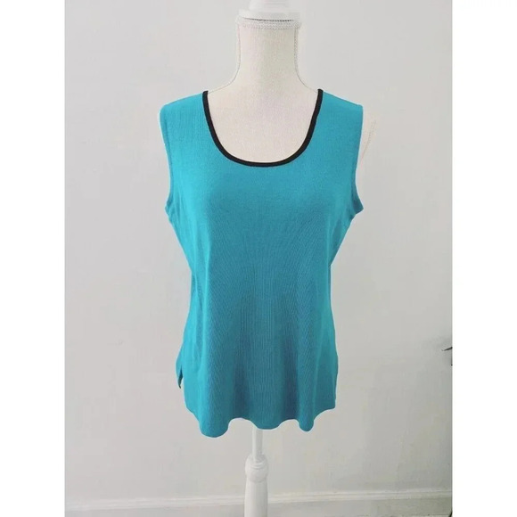 Ming Wang Tops - Ming Wang Blue Acrylic Knit Black Trim Sleeveless Scoop Neck Tank Top Blouse M